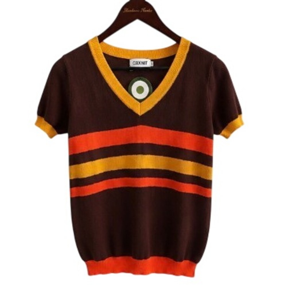 OXKNIT Striped Knit Top Womens Small Brown Orange Retro V-Neck NEW Short Sleeve